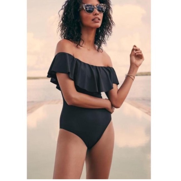 TRINA TURK Nordstrom black off shoulder ruffle one piece swimsuit maillot 2 6 - Picture 1 of 7